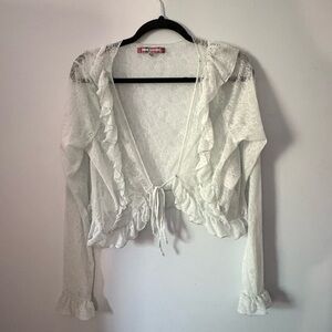 Urban Outfitters Pale Blue/Off-White Ruffled Tie Front Crop Blouse